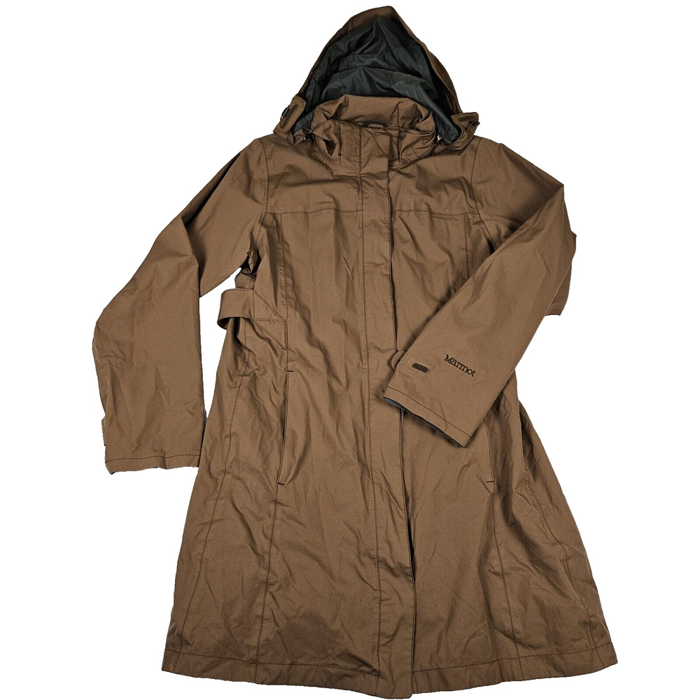 Marmot PreCip brown waterproof long rain jacket trench coat removable hood EUC
